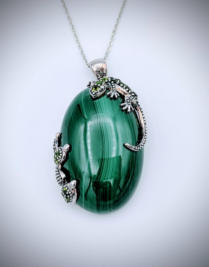 Necklace & Malachite w Lizard & Demantoid Pendant: Title: Necklace & Malachite w Lizard & Demantoid Pendant Brand: Jean Lin Collection Metal Purity: 925 Sterling Silver Gemstones: Malachite and Demantoid Carat Weights: 1 Oval Malachite at 36×24mm