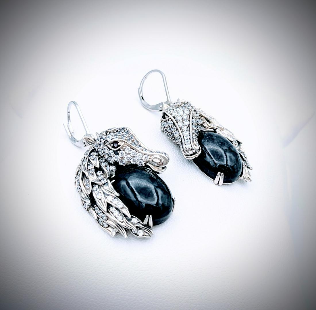 Sterling Silver Horse Earrings w Nuumite, Red Garnet & (1 of 3)