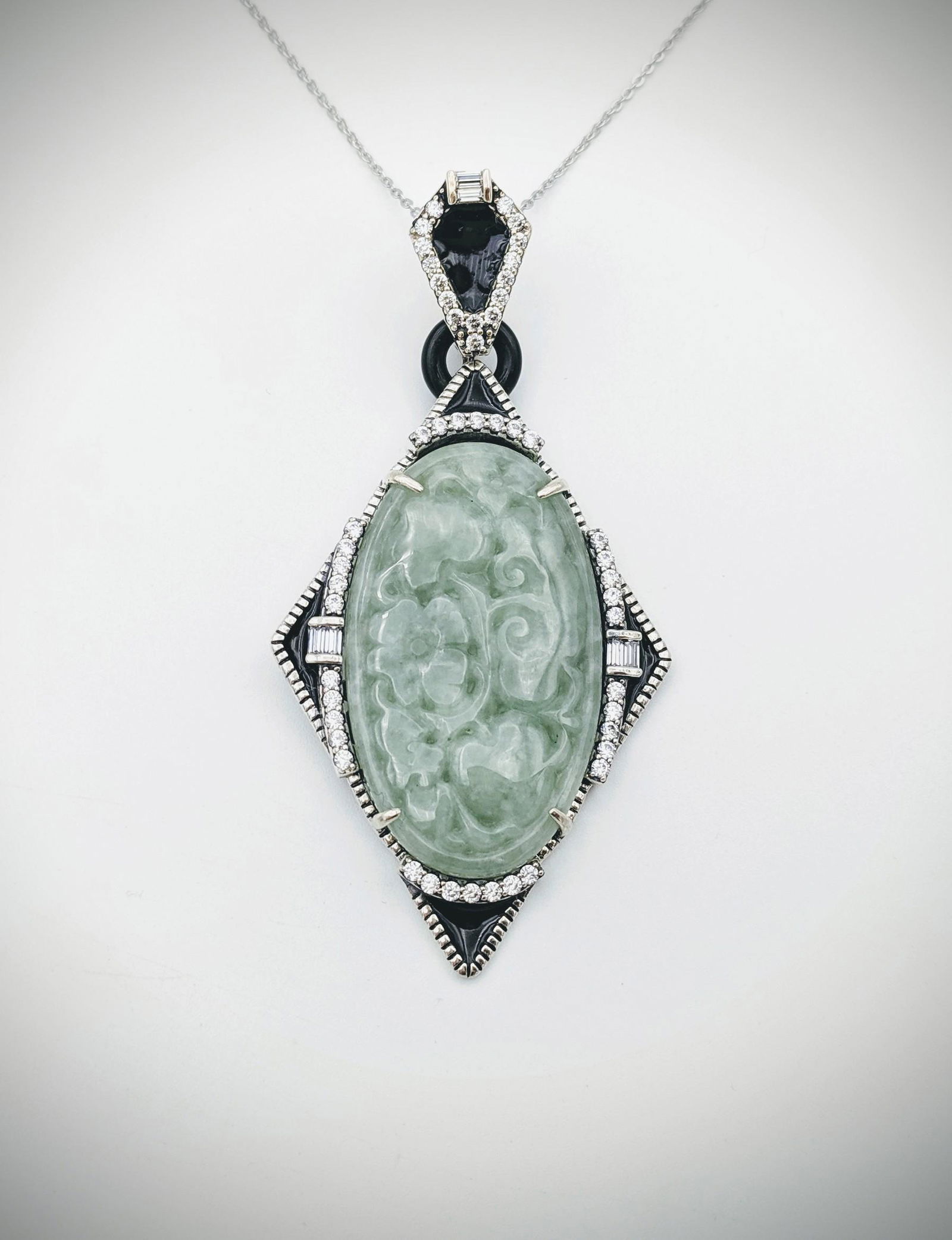 Sterling Silver Necklace w Engraved Jade Pendant, CZs & (1 of 3)