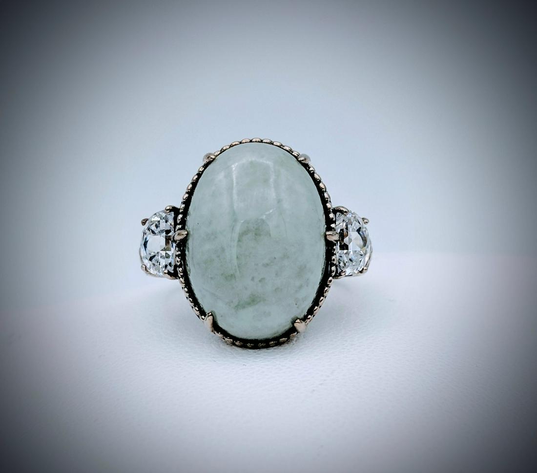 Sterling Silver Oval Jade and CZ Ring Sz 7 (1 of 3)