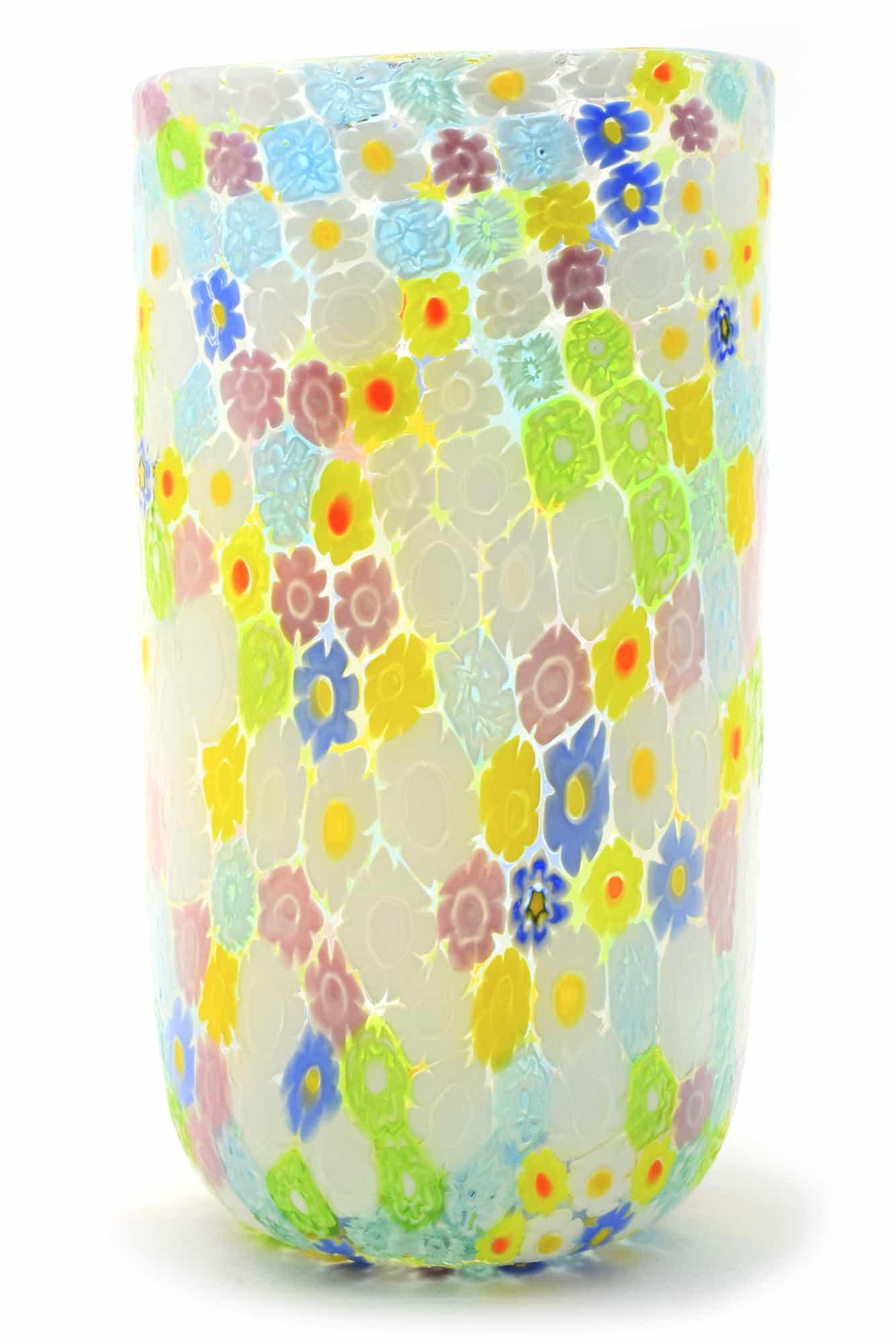 Murano Glass Vase With Millefiori Murrine Signed: Title: Murano Glass Vase With Millefiori Murrine Signed Date/Period: 2020 Origin: Murano Maker: Mario Formentello Material: glass Size: 22,5 x 12 cm 720 grams Additional Information: Murano glass vase