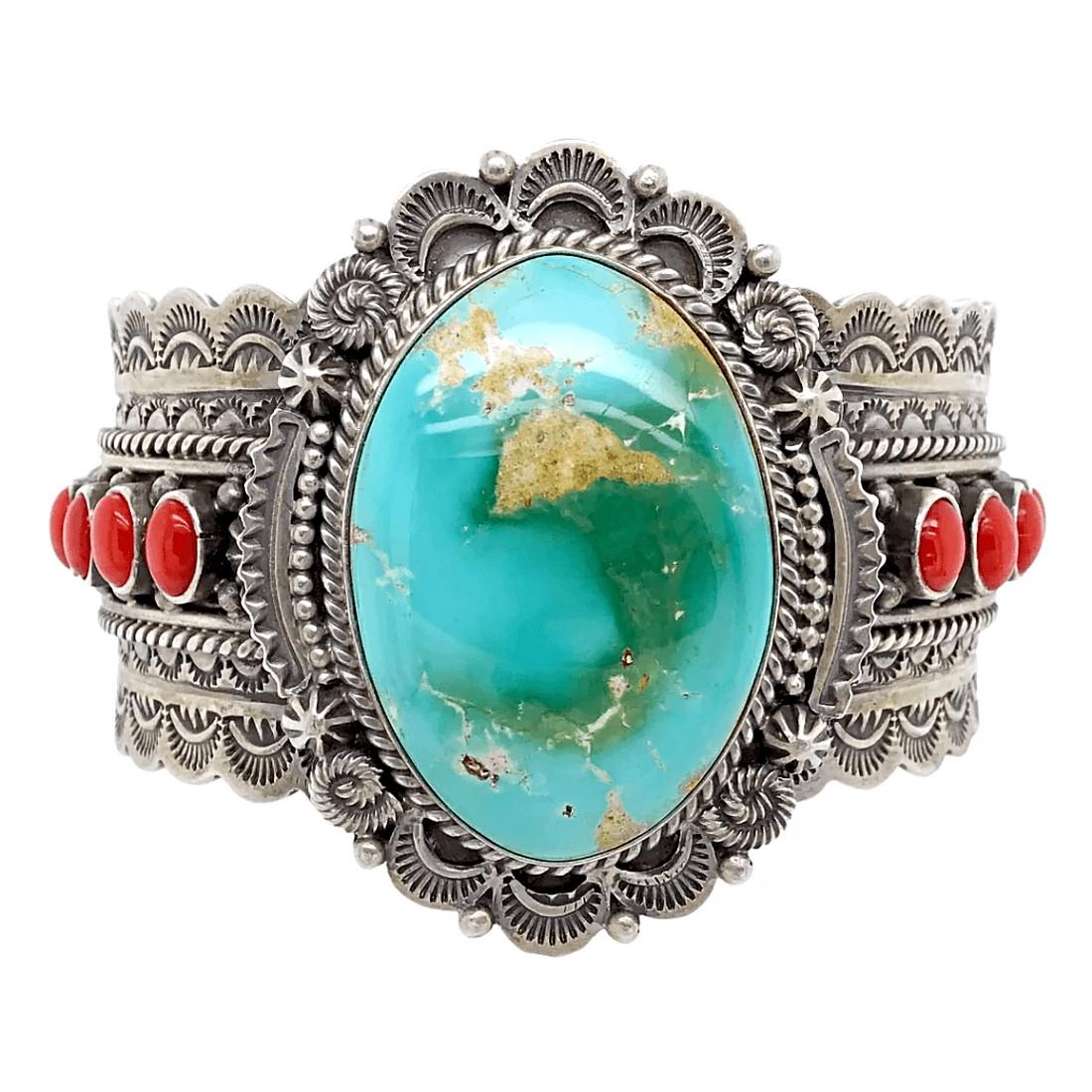 Navajo Royston Turquoise And Coral Stamped Bracelet - (1 of 6)