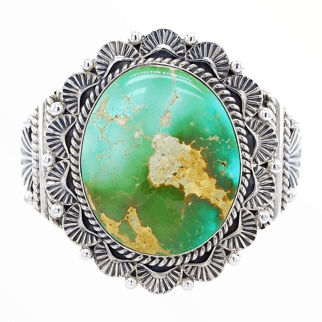 Navajo Royston Turquoise Bracelet With Embellished: Title: Navajo Royston Turquoise Bracelet With Embellished Silver Setting - Mary Ann Spencer Additional Information: Measurements: Top/Front Design: 2" long, 1 3/4" wide Stone Size: 1 3/8" x 1 1/8" Ins