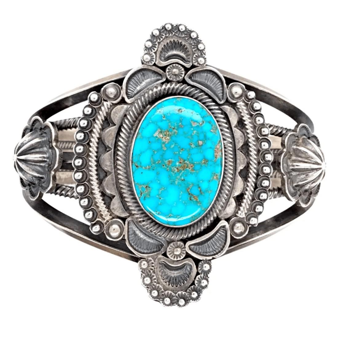 Navajo Spider Web Turquoise Embellished Silver Bracelet: Title: Navajo Spider Web Turquoise Embellished Silver Bracelet - Pawn Additional Information: Measurements: Top/Front Design: 1 9/16" tall, 2 1/4"wide Inside Circumference: 5 5/8" Gap: 1 1/2" Stone Si