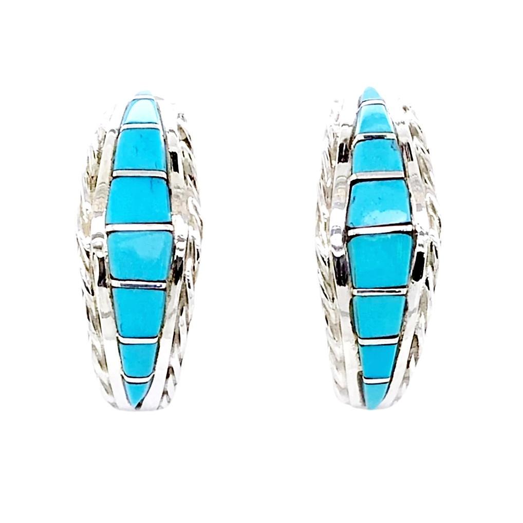 Zuni Inlaid Sleeping Beauty Turquoise Sterling Hoop (1 of 5)