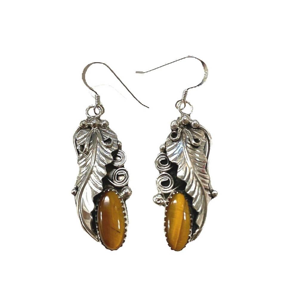 Navajo Tigers Eye Feather Earrings - Ronnie Martinez: Title: Navajo Tigers Eye Feather Earrings - Ronnie Martinez Additional Information: Measurements: Earring Length: 1 1/4" Earring Width: 1/2" Metal: Sterling Silver Reserve: $25.00 Shipping: Domesti