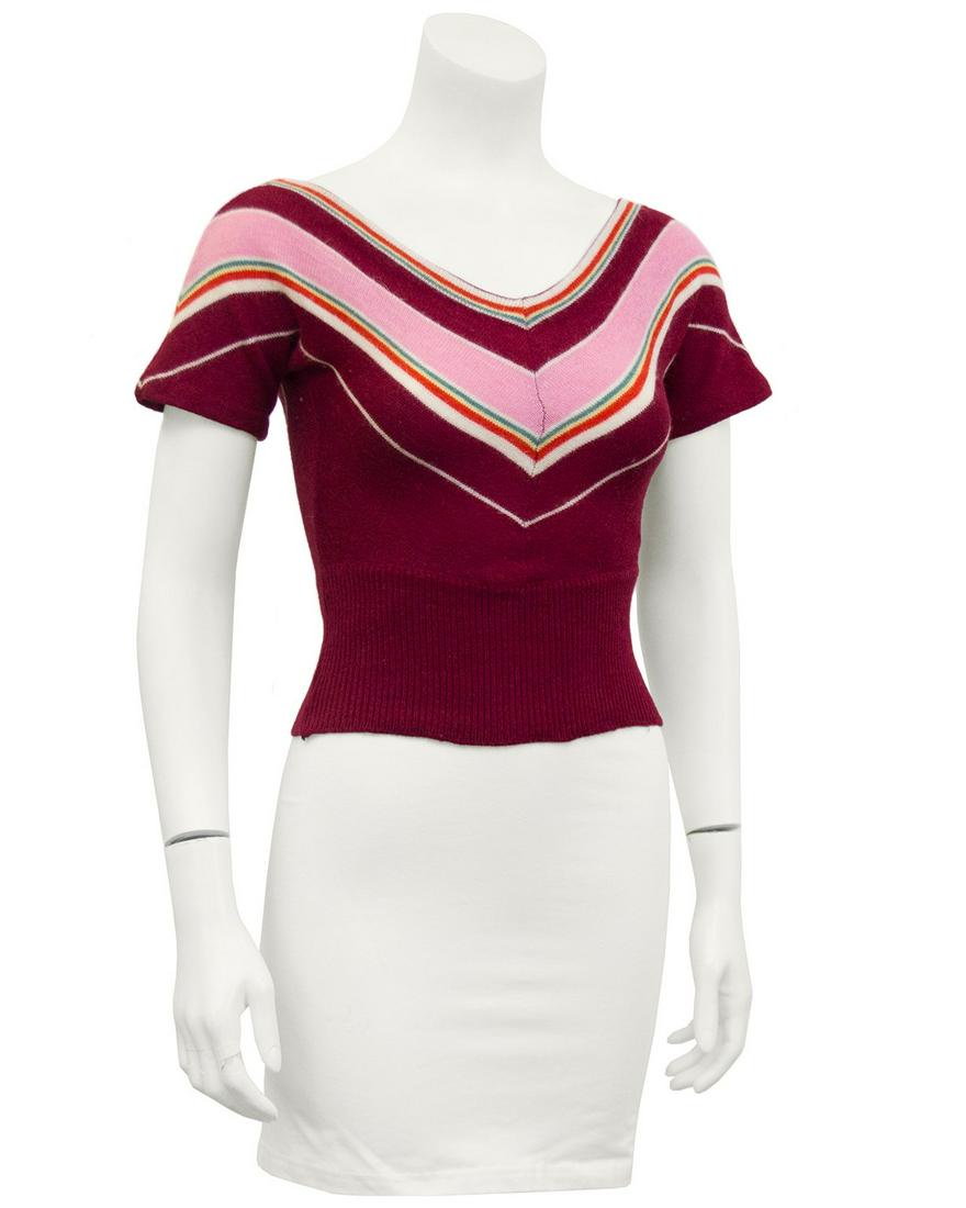 Dorothee Bis Maroon, Pink and Green Chevron Stripe: Brand: Dorothee Bis Title: Dorothee Bis Maroon, Pink and Green Chevron Stripe Sweater Additional Information: Darling little pullover sweater from the French knitwear designer Dorothée Bis, dating fr