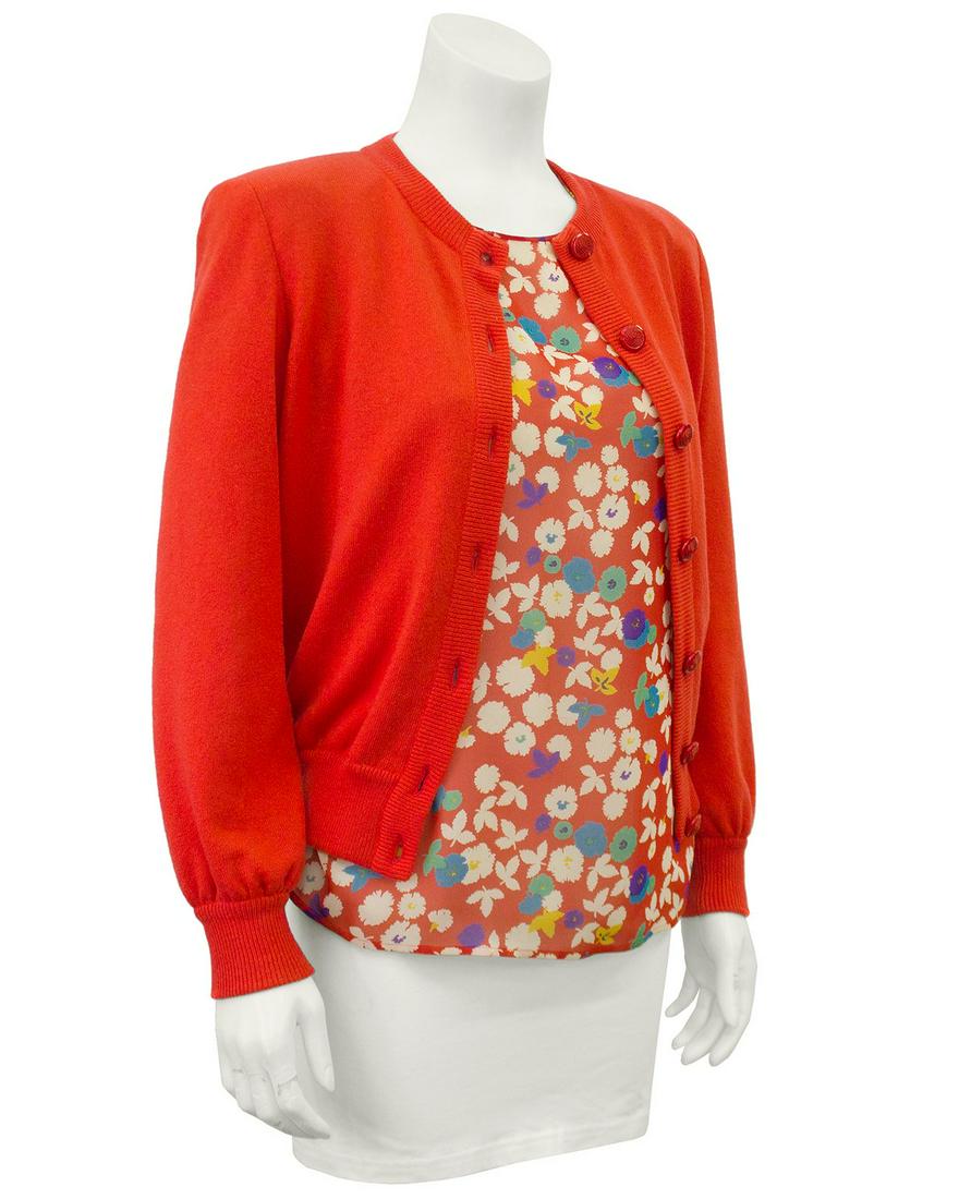 Valentino Red Floral Silk Sweater & Blouse Set: Brand: Valentino Title: Valentino Red Floral Silk Sweater & Blouse Set Additional Information: Valentino Night label red chiffon floral long sleeve blouse with red cashmere sweater set from the 1990s.