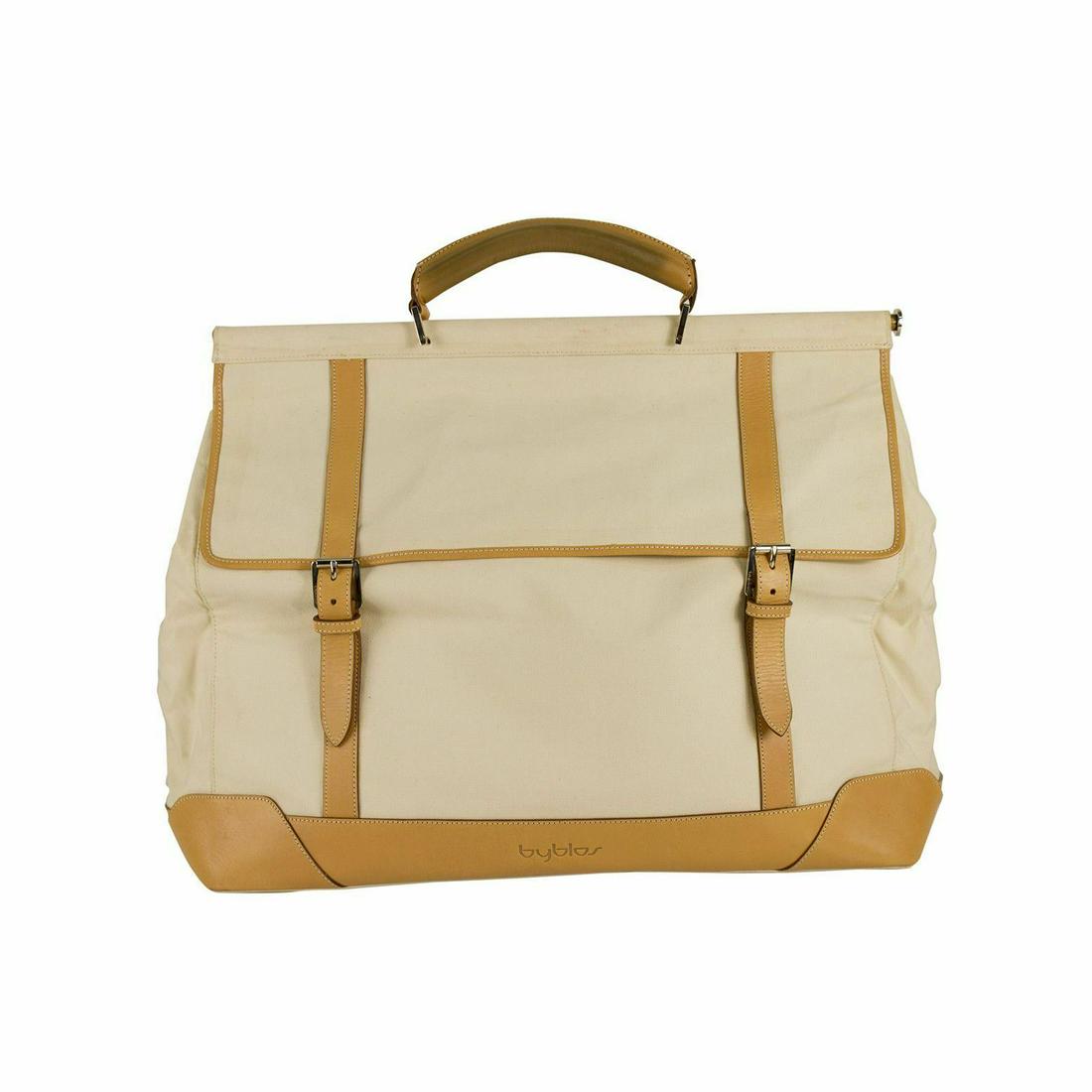 Byblos Ecru Fabric Beige Leather Large Weekend Travel: Byblos Ecru Fabric Beige Leather Large Weekend Travel Campus Bag Handbag Byblos Ecru Fabric Beige Leather Large Weekend Travel Campus Bag Handbag In a versatile ecru color with beige leather details t