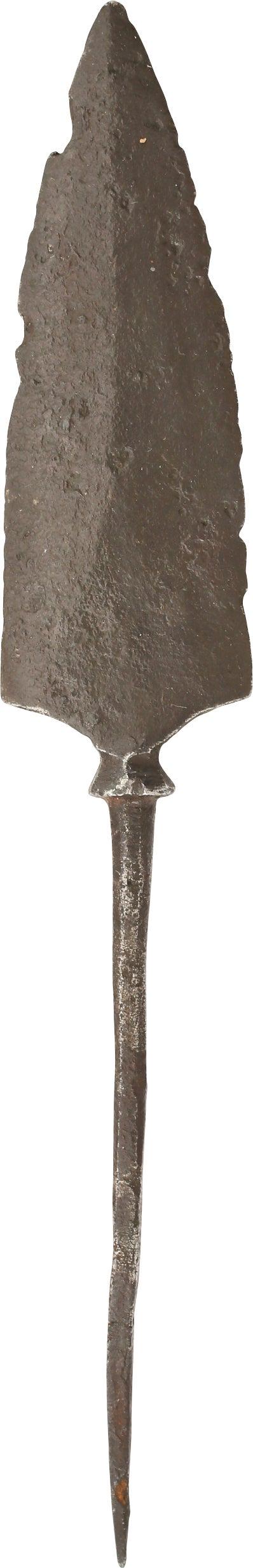 ANCIENT VIKING ARROWHEAD C.850-1100 AD: 4 1/2" total length. Well forged. A flesh cutting arrow with a leaf-shaped point on expanded foot with a tapered tang. Used against unarmed civilians for raiding before the attack. Vikings menaced the