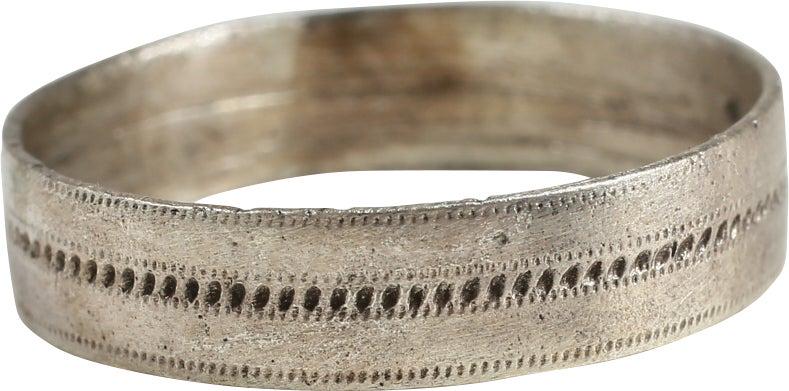 RARE VIKING MAN’S RING, 900-1050 AD SIZE 10 ½: Large size 10 ½ (slightly over) as rarely encountered. Bronze band, 5.0mm width, with a flat face. Very delicately stippled edges and a stipple medial band of larger tooling. Exceptional preserva