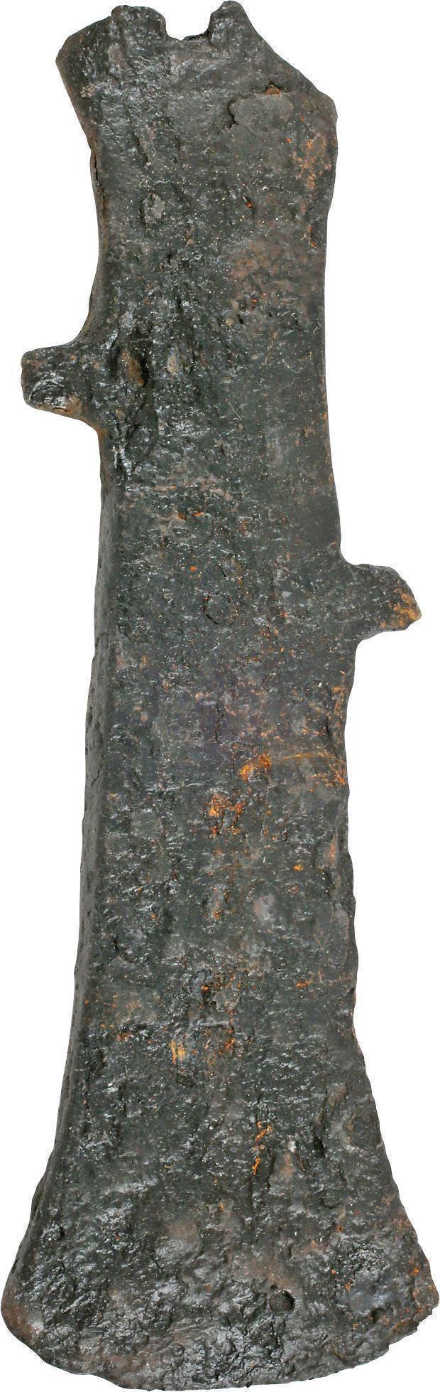 RARE EUROPEAN BATTLE AXE, SAGARIS C.600-400 BC: Scythian. Iron, 5 3/8" length, tapered with integral lugs to facilitate mounting in the haft by lashing. The sagaris is the first horseman's axe, used by the Scythians who are credited with mounted wa