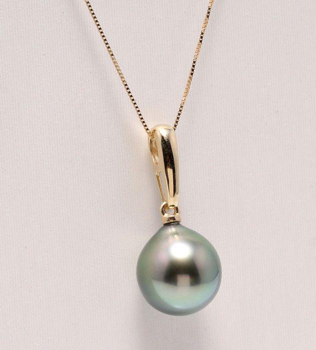 14 kt. Yellow Gold -10x11mm Peacock Tahitian Pearl Drop: Title: 14 kt. Yellow Gold -10x11mm Peacock Tahitian Pearl Drop - Necklace with pendant Description: Produced in the tropical lagoons of French Polynesia, this pearl has been selected for its natural b