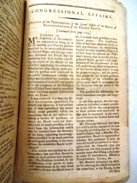 1790 New York Magazine Hamilton Washington: "The New York Magazine or Literary Repository for March 1790", printed by T and J Swords, 1790. 64 pages, textually complete, lacks plate. Wealth of content in this issue including report signed in ty