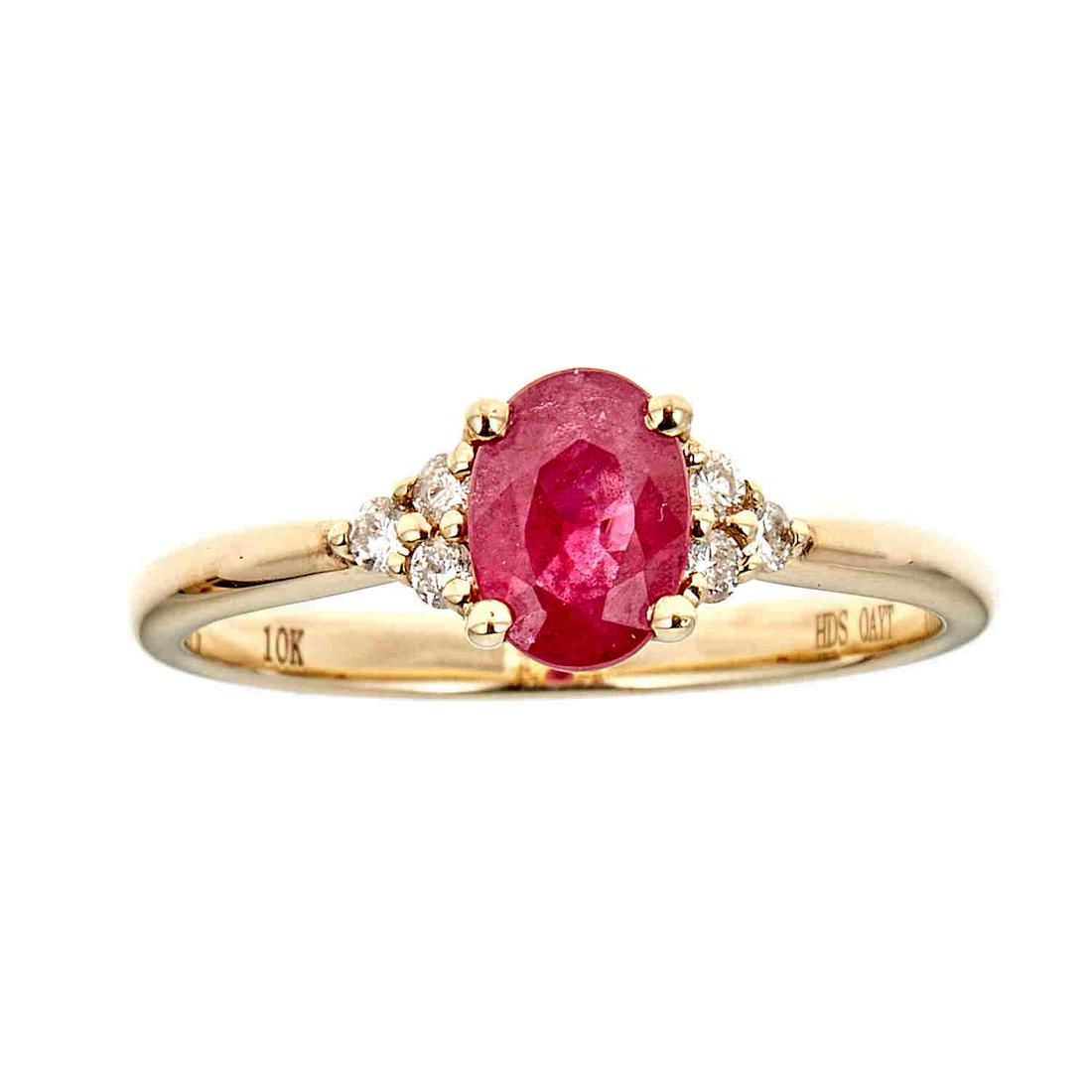 10K Yellow Gold Ruby & Diamond Ring: Title: 10K Yellow Gold Ruby & Diamond Ring Ring Size: 5,6,7,8,9 Metal Purity: 10K Yellow Gold Metal Weight: 1.95 Gemstones: Ruby Carat Weights: 0.9 Size/Dimensions: 5X7 Additional Information: Oval Di