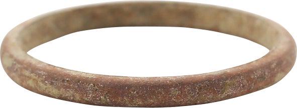 RARE COPPER VIKING RING, 900-1050 AD SIZE 10: Size 3 1/4. Broad 1.6mm width band, with low rounded face. Dark brown patina. Vikings were expert metallurgists. The use of pure copper is rare and suggests a supernatural significance as alloys were 
