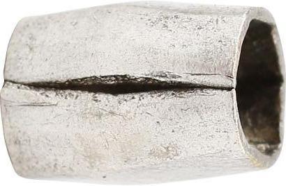 ANCIENT VIKING SILVERED BEAD, 9TH-11TH CENT AD: 9.3mm length, just over 1/3inch. Hand formed from bronze, forged to hexagonal section with the center swelled to a ridge. Butted seam. Professionally refurbished with the silver overlay restored. Gift