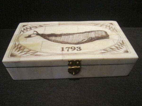 Folk Art Whale Scrimshaw Bone & Wood Trinket Box 1793: 6 1/14" x 3 1/4" x 1 5/8" Wonderful new reproduction scrimshaw carved ox bone box. As you can see this piece is tiled with ox bone on wood and decorated with a design typical of the period. Nice felt