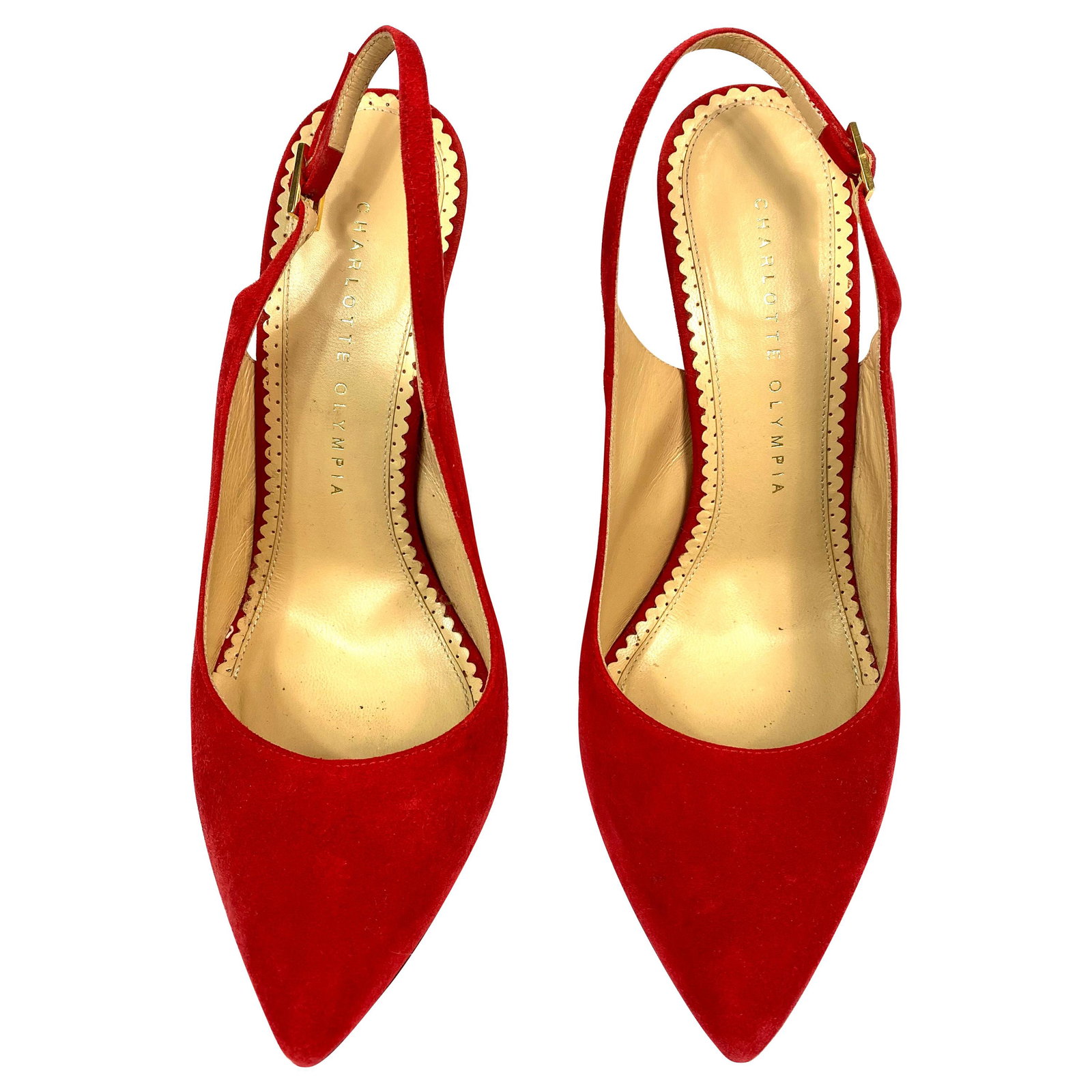 Charlotte Olympia Monroe Slingback Red Suede Pump Heels: Charlotte Olympia Red Suede Pump Heels Size 38 Product details: The shoes come with the original box Gold tone hardware buckle Adjustable strap closure on the back Pointy toe Heel height is 4.5" Made 