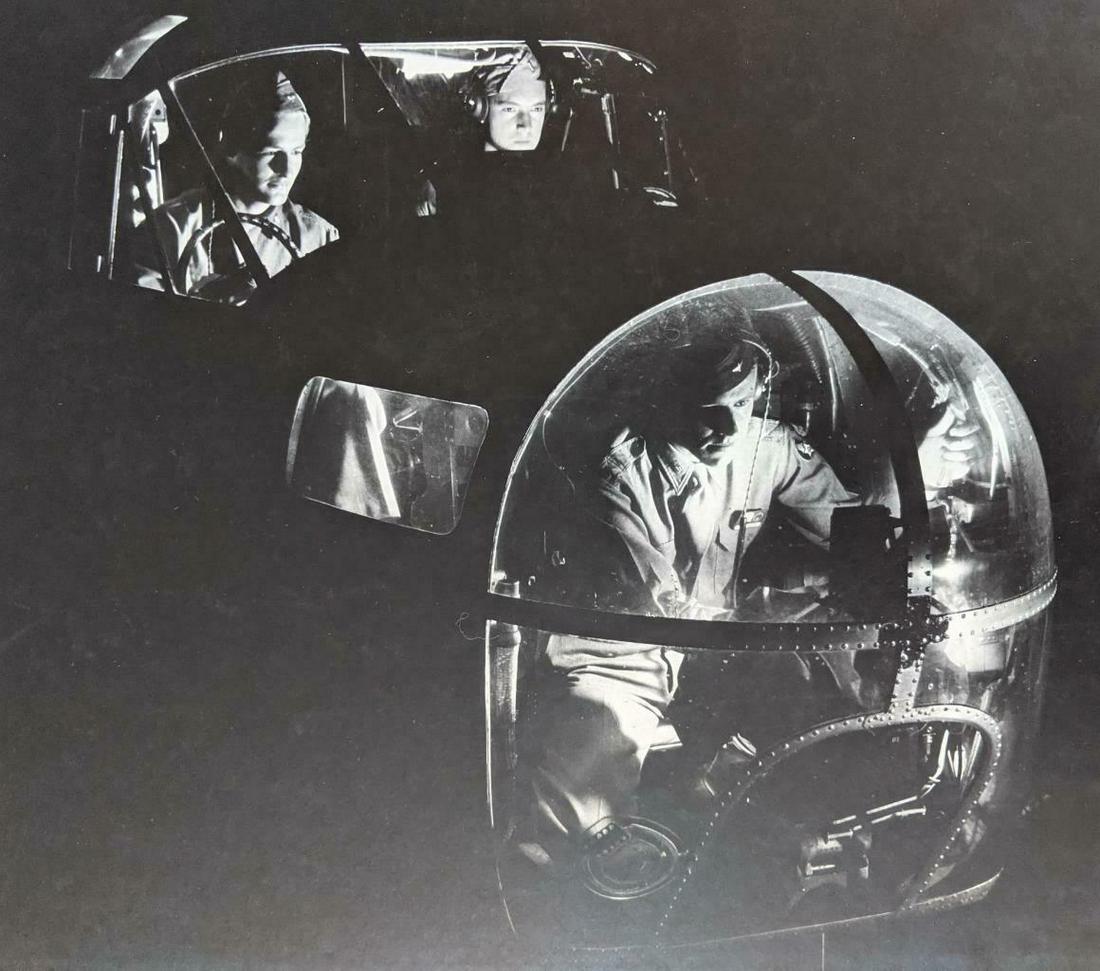 c1945 WWII ERA ART PHOTO AIR FORCE PILOT AIRMEN VISIBLE: Dramatic lighting. Unsigned circa 1945 WWII Era Art Photograph; Depiction of airmen and pilot visible through the airplane windows. Dark background strongly contrasts with the lit interior of the plan