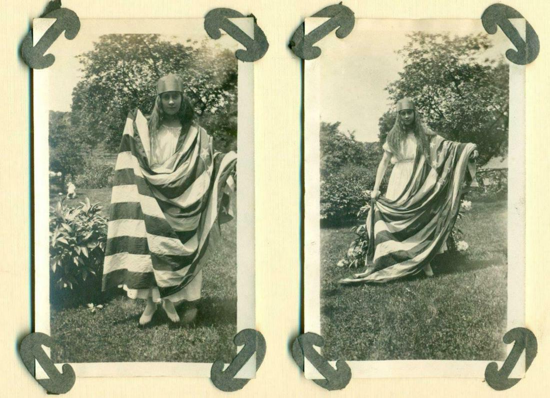 LOT 2 c1920 SNAPSHOT PATRIOTIC WOMAN WRAPPED in (1 of 3)