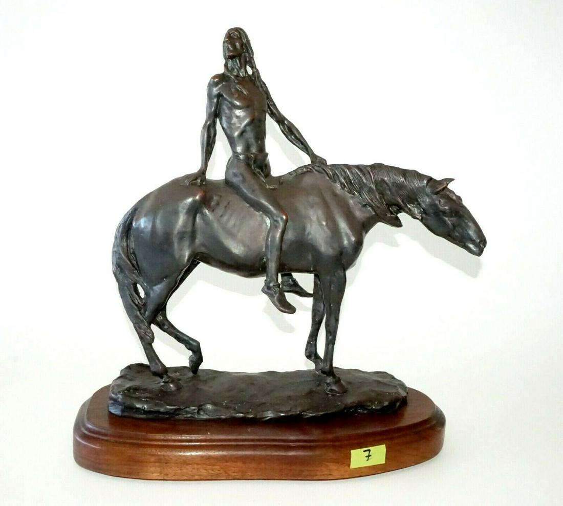 1904 UK/US Bronze Sculpture The Warrior by Charles: Up for sale from a well known collector in Honolulu this 1904 United Kingdom/US bronze sculpture mounted on a wooden base that is titled "The Warrior" depicts a Native American man on Horseback and wa