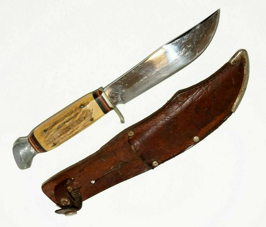 Vtg Germany Solingen Steel Knife/Sheath Anton Wingen Jr: Up for sale from a recent estate in Honolulu Hawaii, this Vintage German solingen steel and stag handle hunting knife in its leather sheath by Anton Wingen Jr. As stated above in the condition descrip