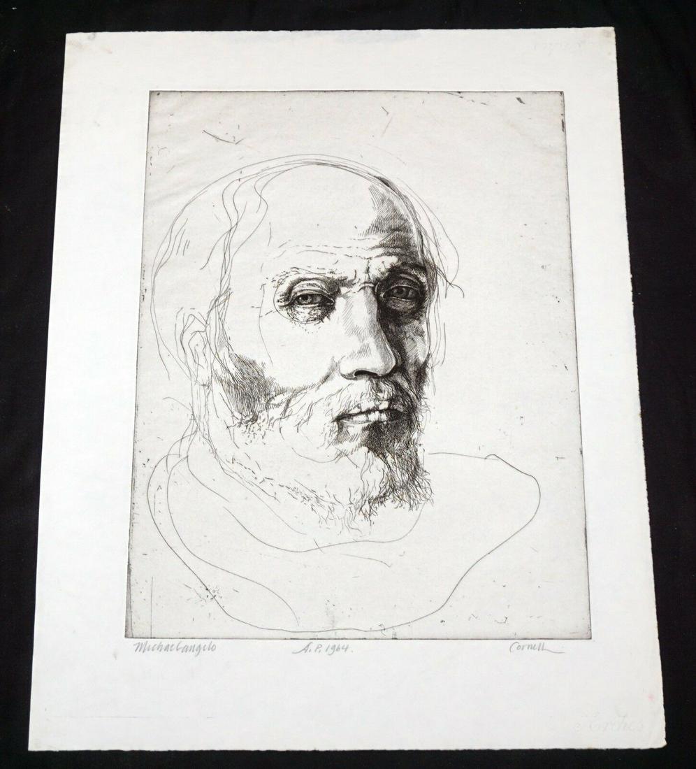 64 California Etching Print Michelangelo Thomas Cornell: Up for sale from a recent estate of a well known collector here in Honolulu Hawaii, this 1964 California limited edition A.P. (artist proof) large abstract etching portrait print that is titled "Miche