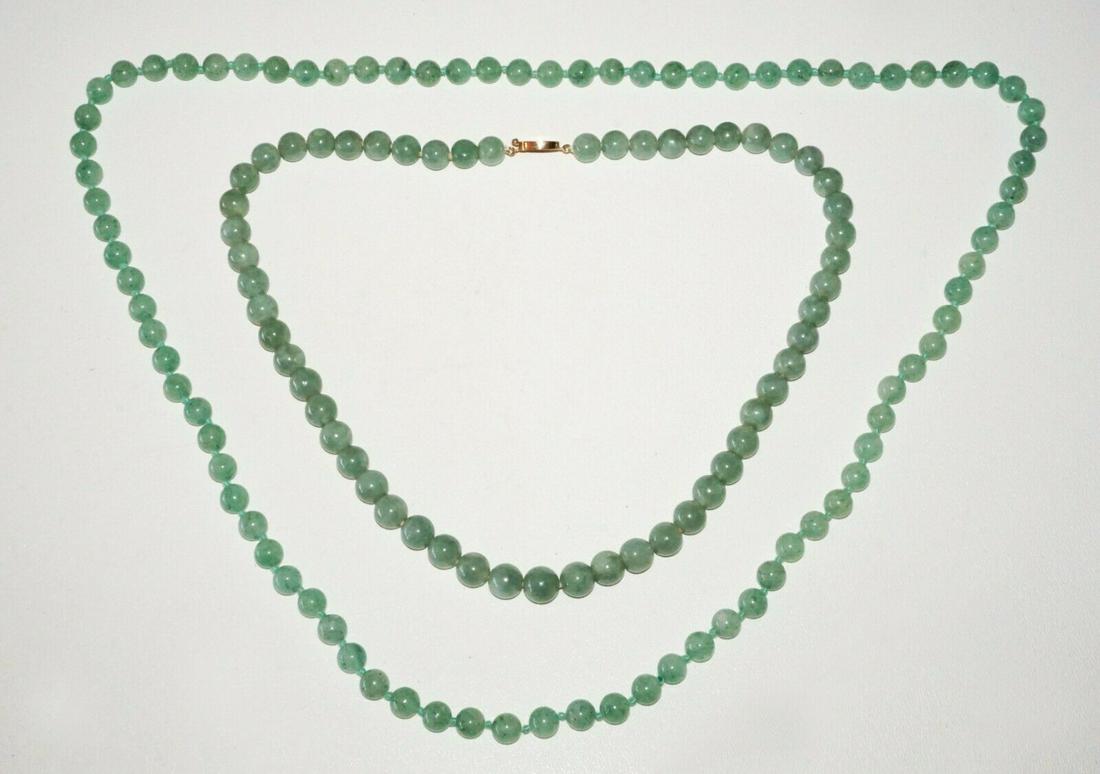2Pc Chinese Green Hardstone Bead Necklaces 14K YG Clasp: Up for sale from a local estate in Honolulu Hawaii this Vintage 2x piece mixed lot of Chinese green hard-stone bead necklaces (beads range from 8mm to 9mm) one necklace with 14k yellow gold claps one