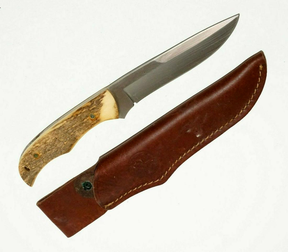 Argentinian Stainless Knife Antler Handle/Sheath Boker: Up for sale from a recent estate in Honolulu Hawaii, this Vintage Argentinian 440C stainless clip point blade hunting knife with stag handle lanyard hole and brown leather belt sheath. As stated above