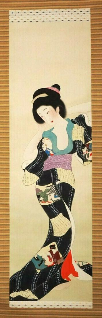 Japan Taisho Shunga Scroll Painting Erotic Woman Kimono: Up for sale from a local estate in Honolulu Hawaii this Japanese Taisho period Shunga scroll painting that is depicting a woman (prostitute) that is wearing a kimono with erotic scenes motif. The cond