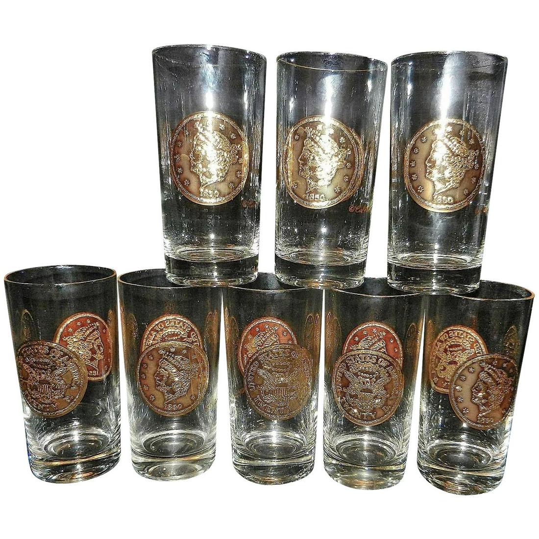 Mid-Century Culver Highball 22 kt Twenty Dollar Gold: This unique set of Mid-Century Culver High Ball 22 kt Twenty Dollar Gold Piece Tumblers is in NEAR MINT CONDITION. This condition is very hard to find today because so many people put these in the dis