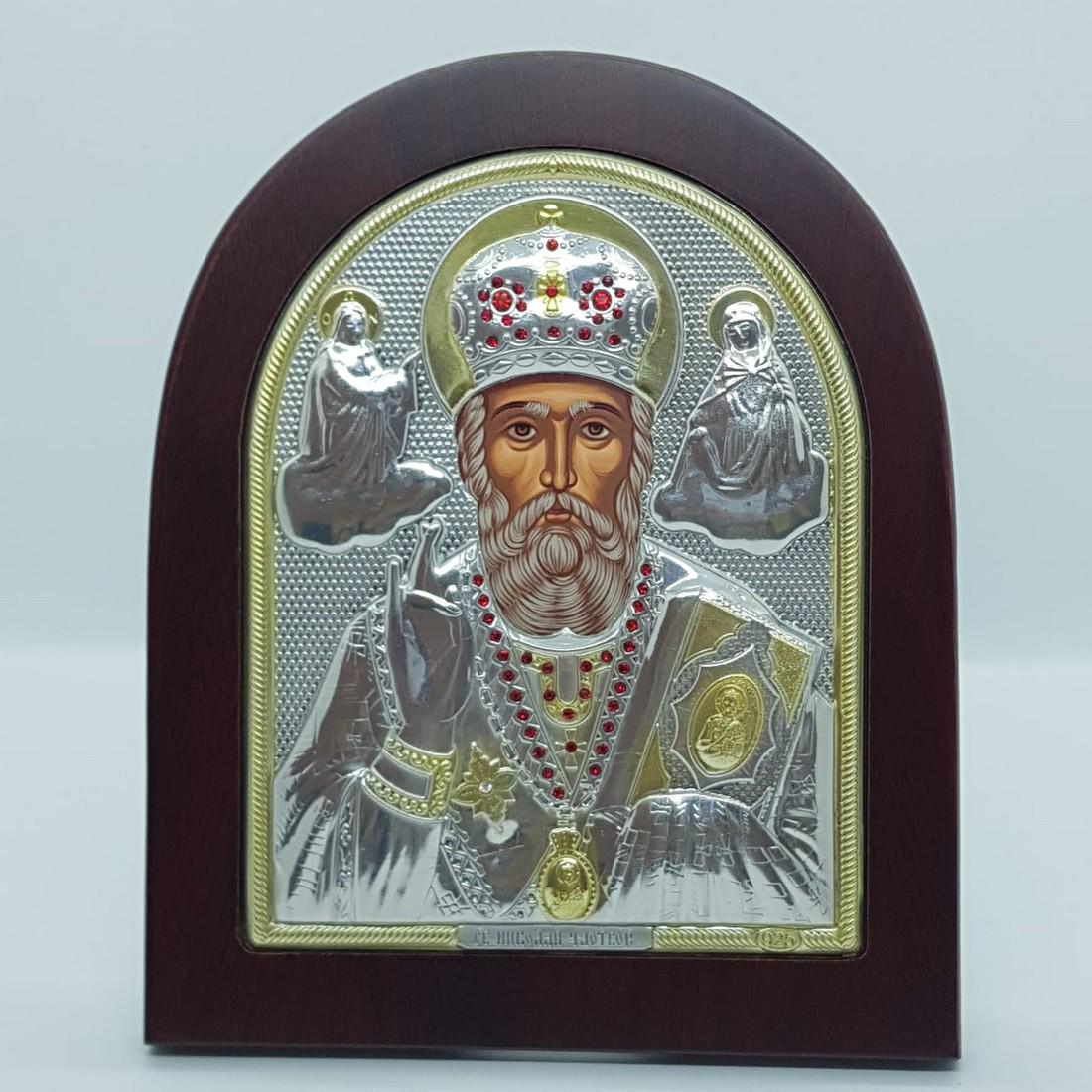 Clarte Silver Byzantine style ST.Nicholas icon: Title: Clarte Silver Byzantine style ST.Nicholas icon Additional Information: 925 Silver Byzantine style ST.Nicholas(Santa Claus) Icon with wooden frame Silver hand decorated with 24k gold and ornated