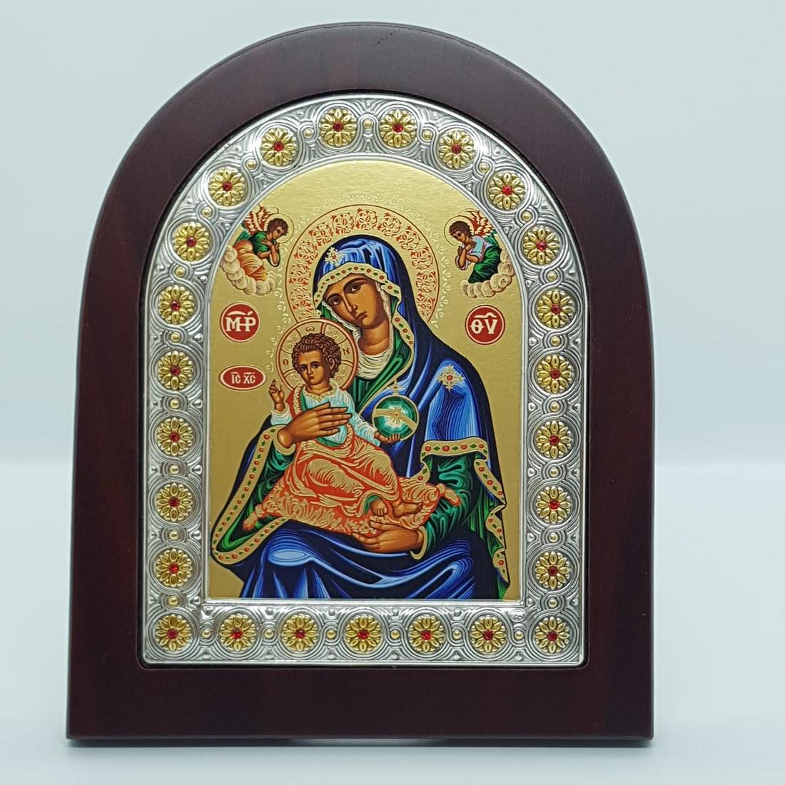 Clarte Silver Byzantine style Holy Virgin Mary icon: Title: Clarte Silver Byzantine style Holy Virgin Mary icon Additional Information: 925 Silver Byzantine style Holy Virgin Mary Icon with wooden frame Silver hand decorated with 24k gold and ornated wi