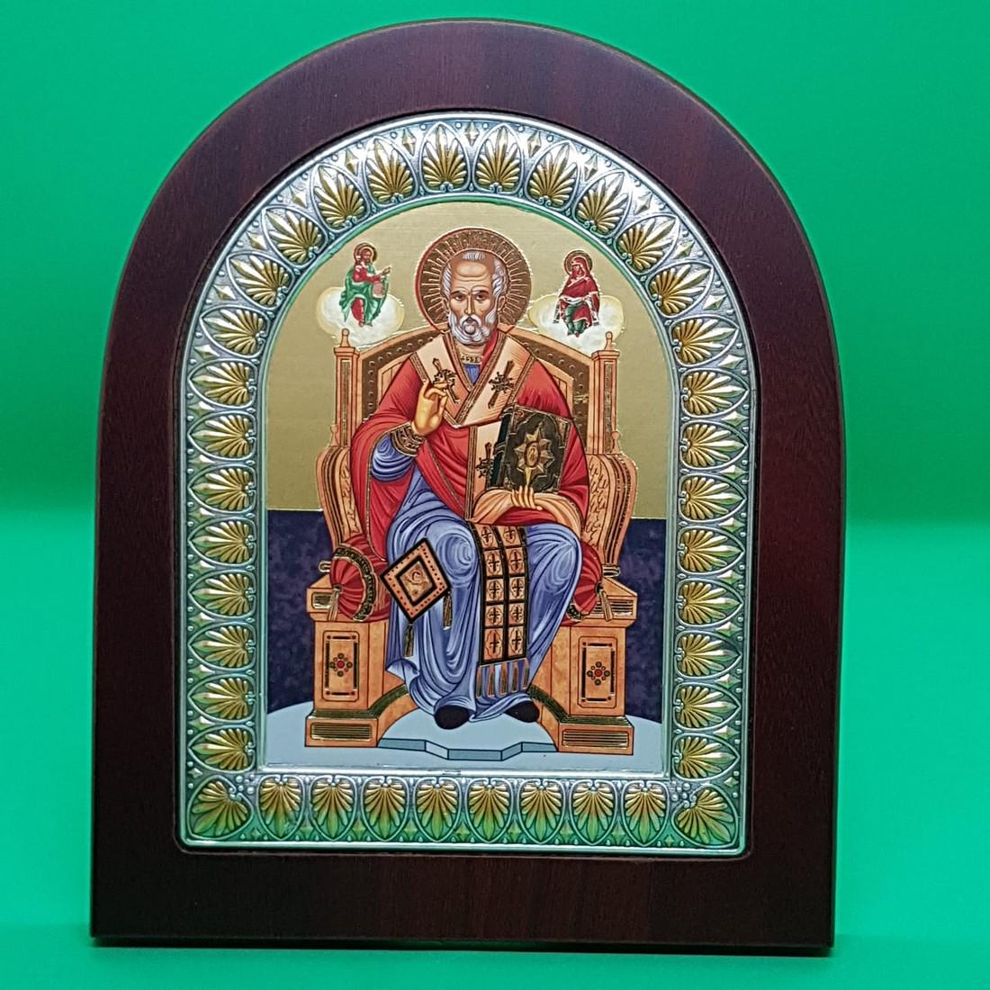 Clarte Silver Byzantine style ST.Nicholas icon: Title: Clarte Silver Byzantine style ST.Nicholas icon Additional Information: 925 Silver Byzantine style ST.Nicholas(Santa Claus) Icon with wooden frame Silver hand decorated with 24k gold Copy of old