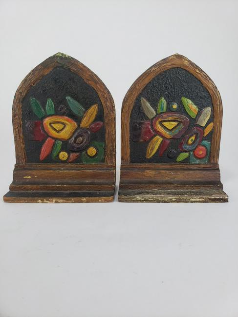 Arts Crafts Bookends, Wood, Gesso Satined Glass painted (1 of 6)
