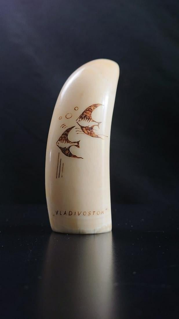 Antique Scrimshaw From Vladivostok - Russian Far East: Title: Antique Scrimshaw From Vladivostok - Russian Far East Date/Period: Mid 20th century Origin: East Russia Dimension: 4 inches, 128 grams Material: Tooth Description: Beautiful scrimshaw from the 