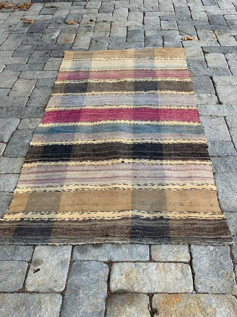 Spectacular c. 1890 Rag Carpet: Title: Spectacular c. 1890 Rag Carpet Description: With early color palette of soft blues, raspberry, tan, wine and twist chevron horizontal stripes. Dimension: 7 ft. 8 in. x 37 in. Circa: c. 1890Age 