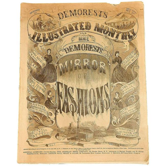 Antique Demorest’s Illustrated Monthly Mirror: This Antique Demorest’s Illustrated Monthly Mirror of Fashion Nov. 1864 is in good condition. William Jennings Demorest (1822–1895), from New York City, was an American magazine publisher, n