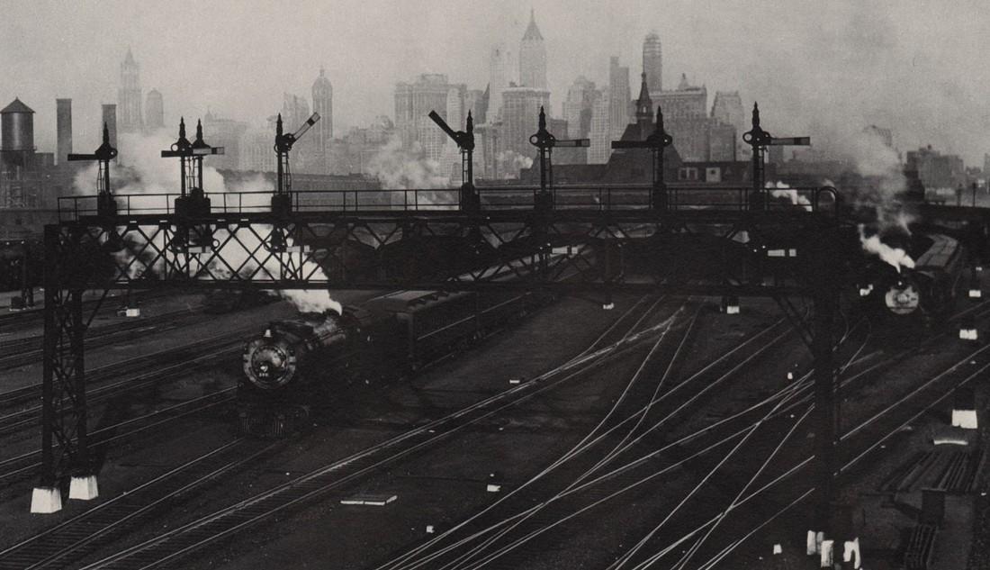 BERENICE ABBOTT- Jersey Railroad Yard, 1932: Artist: BERENICE ABBOT Print Title: Jersey Railroad Yard, 1932 Medium: Photo-lithograph Printed in: the USA, 1970’s Image Size: approx. 4 x 7” Berenice Abbott (1898 – 1991),was an American photo