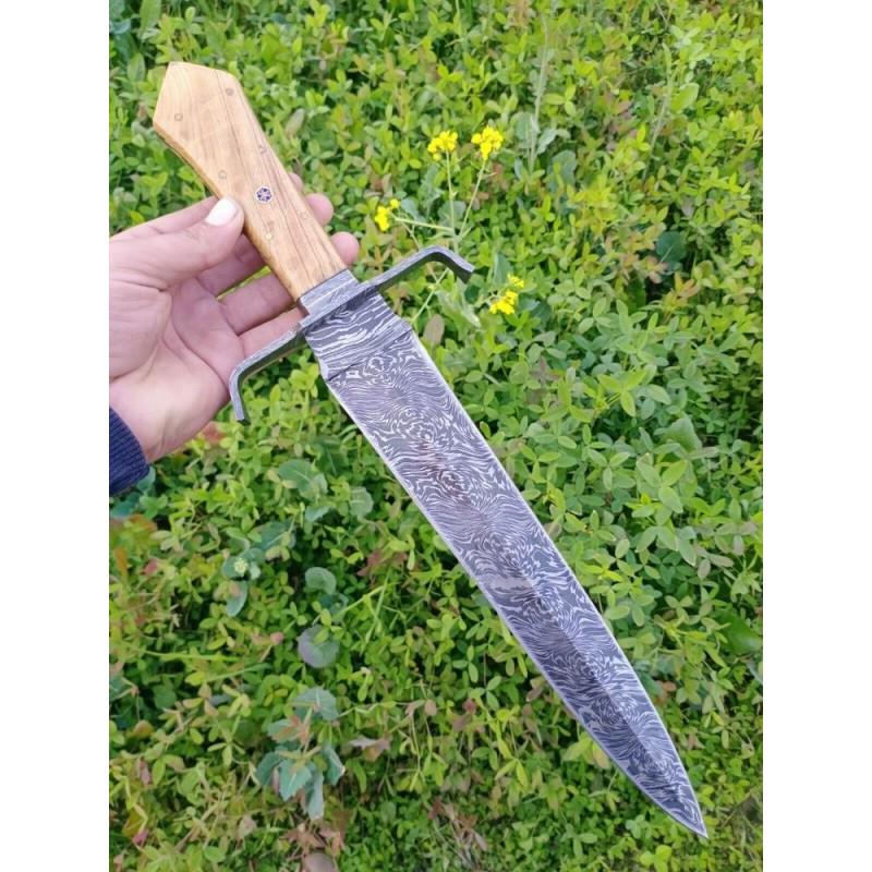 Bowie damascus steel knife wood leather (1 of 4)