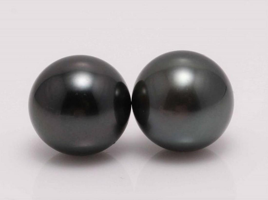 9x10mm Black Tahitian Pearls - Earrings: Description: Grown in oysters in the warm saltwater of French Polynesia, Tahitian pearls will add a note of elegance to evening wear. These cultured pearl earrings feature a pair of round Tahitian pea
