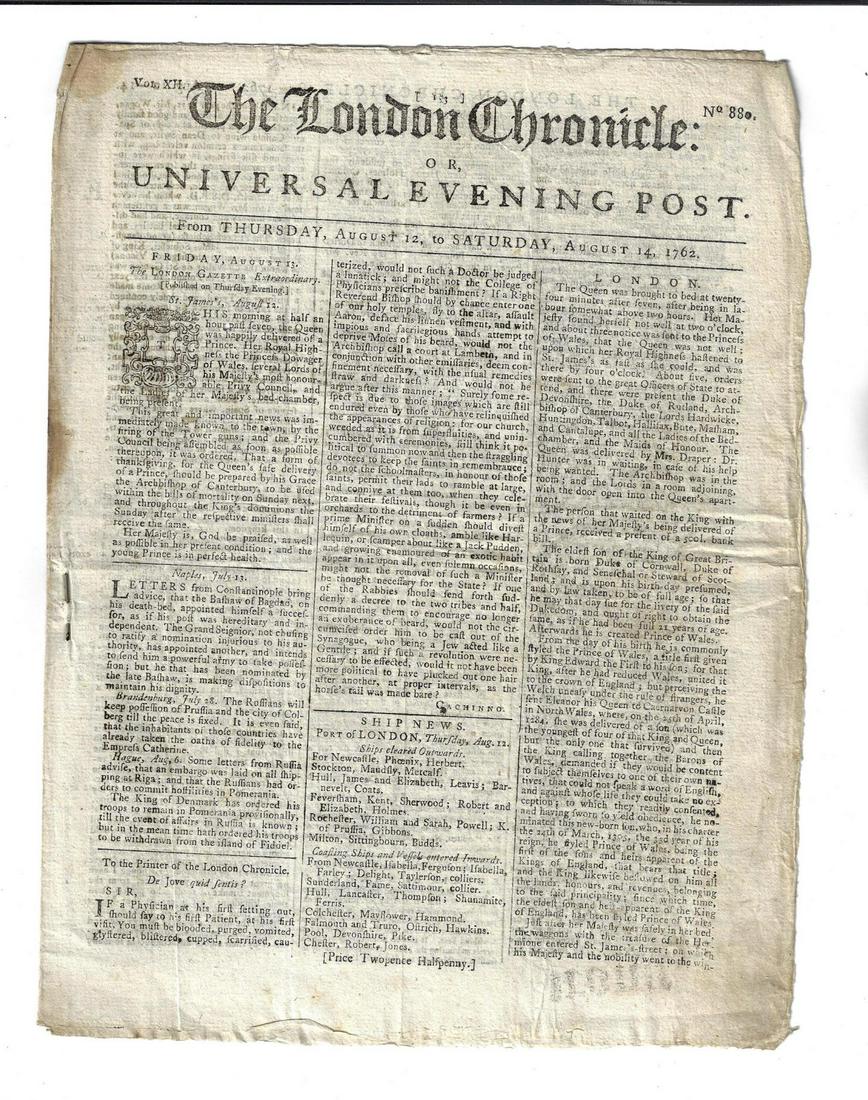 1762 London Chronicle Prussian war: The August 12-14, 1762 issue of The London Chronicle, eight pages complete. Much on the Prussian war as well as other news of the day, notices and ads. Very Good, Measures 8.5 x 11.5". Reserve: $20.00