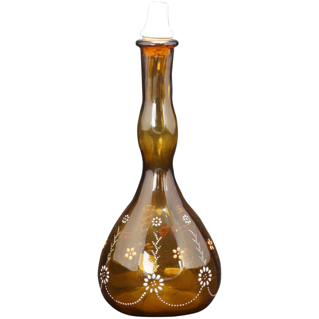 Amber Glass Barber Bottle with Enamel Design c 1900 (1 of 6)