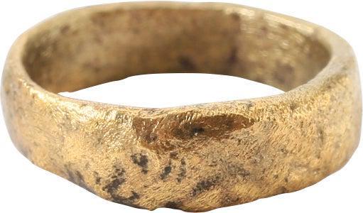 RARE VIKING WARRIOR'S BEARD RING, 9th-11th C.: 9th-11th century AD. Gilt bronze, of broadly rounded face section ring, 0.61" , over 1/2" diameter and 0.51" inside. 4.4mm thick with a tooled finish. The use of beard rings by Vikings is well recorde