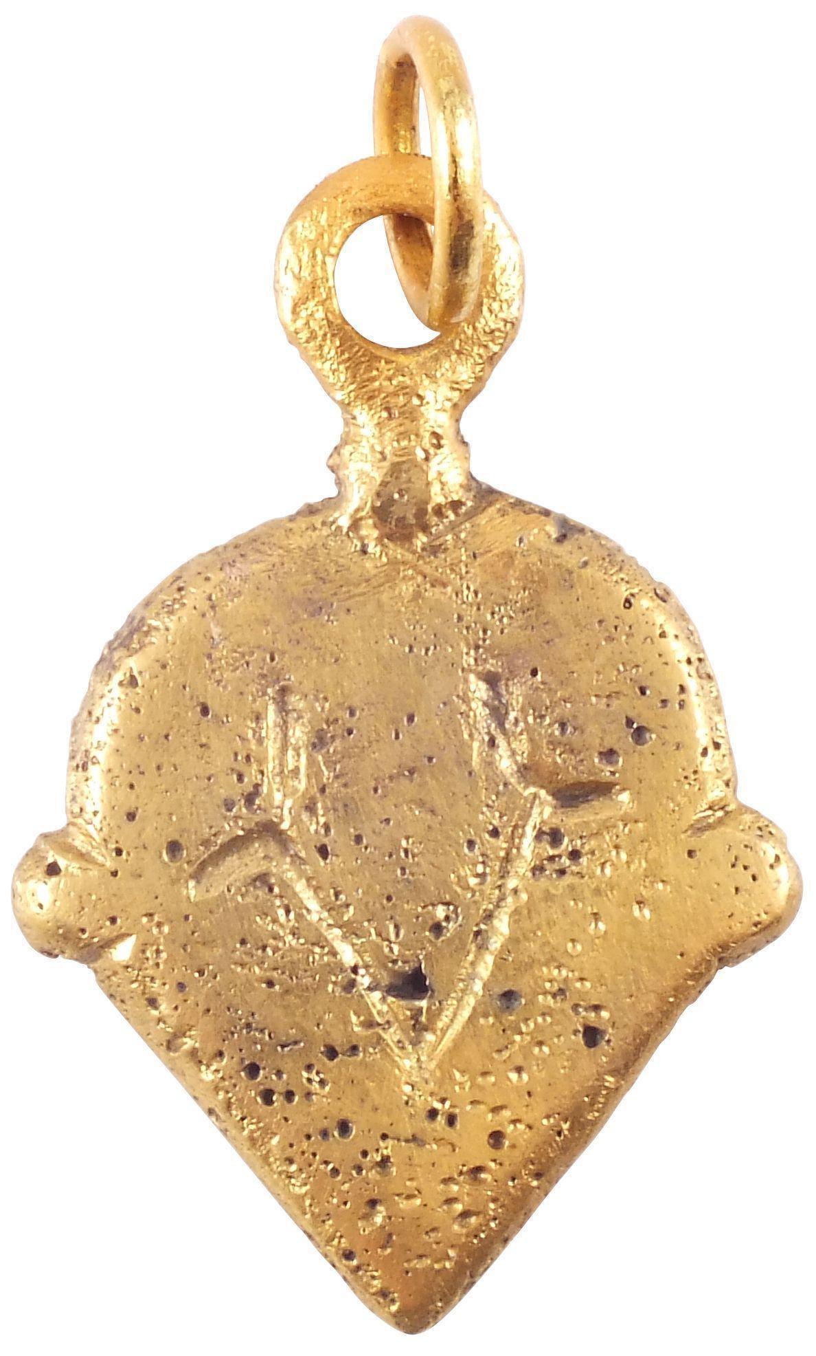 VIKING HEART PENDANT NECKLACE C.850-950 AD: Over 1" height. Natural (uncusped) heart form with medial nubs. Low domed from with two trefoils converging at the bottom.. The heart stood for bravery, fortitude, loyalty, integrity, all attributes o