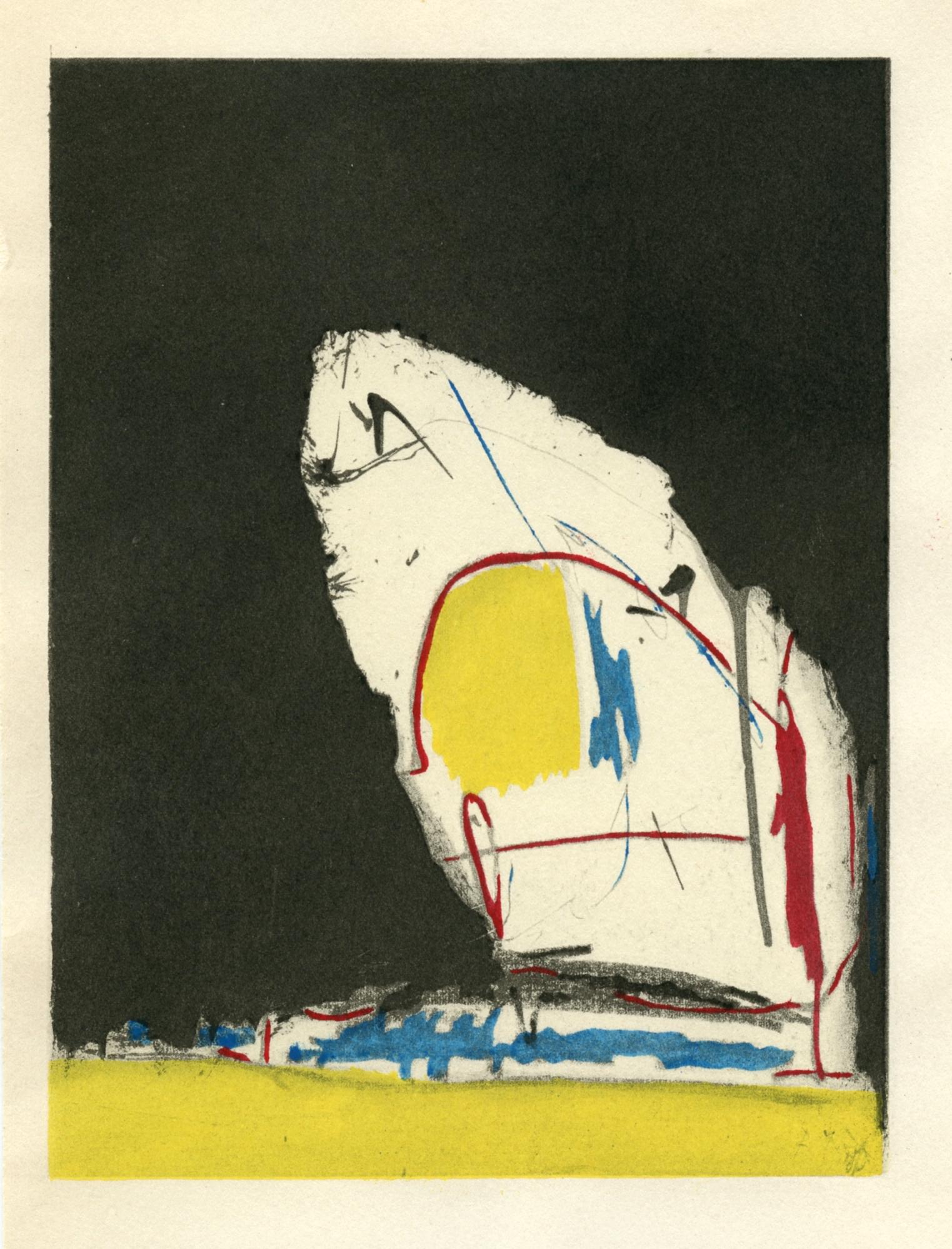 Robert Motherwell pochoir "Capriccio": Medium: pochoir (after the mixed media collage). Printed in Paris at the atelier Daniel Jacomet and published in 1960 by Berggruen. The image measures 5 x 3 7/8 inches (130 x 98 mm). There is another 