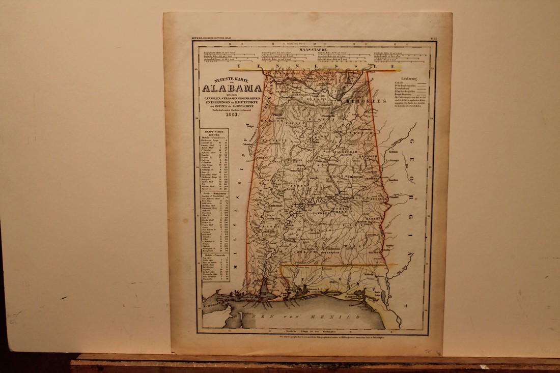 1851 Map of Alabama: Title: 1851 Map of Alabama Author: Meyer Medium: Ink on Paper Dimensions: 14"X17" Description: Map of Alabama dated 1851. Printed by Meyer. Part of Hand Atlas. Published in Amsterdam, Paris and Philad