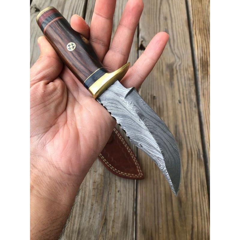 Damascus steel knife, wood handle, leather scabbard, (1 of 4)