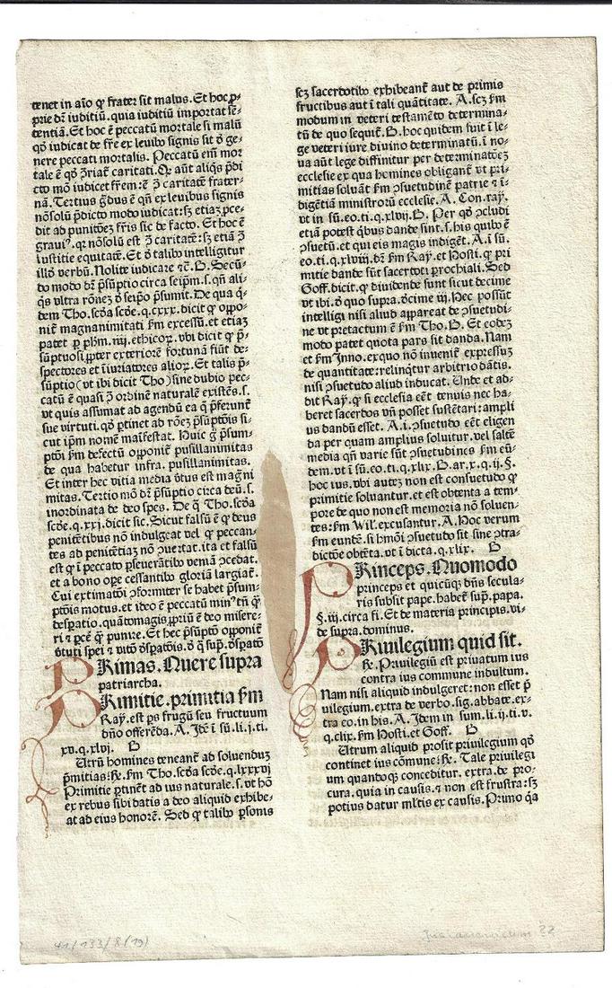 15th C Incunabula Law Leaf (1 of 2)